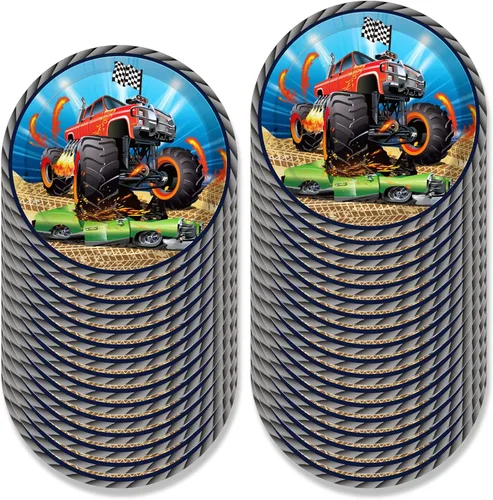 Miniatura 5 de OXYLIPO Paquete de 24 platos de papel de postre Monster Truck de 9 pulgadas, platos redondos desechables para automóvil, platos de fiesta, baby
