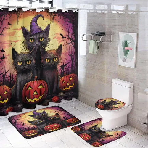 Miniatura 10 de Juego de 4 cortinas de ducha de Halloween, gato negro, luna llena, calabaza aterradora, cortina de ducha y alfombras, juego de cortina de ducha