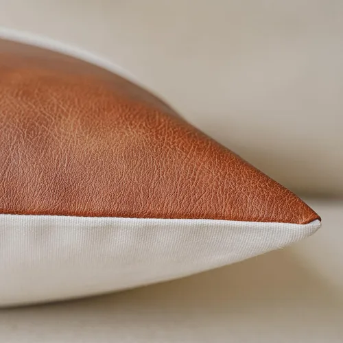 Miniatura 2 de Juego de 2 fundas de almohada de lino blanco con retazos de piel sintética, modernas, minimalistas, rústicas, lisas, bohemias para sofá, sala