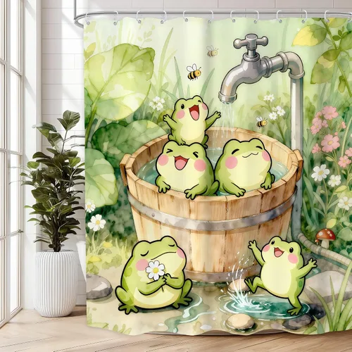 Miniatura 23 de Cortina de Ducha Divertida de Rana Juego de Baño 48 Pulgadas de Ancho x 71 Pulgadas de Alto Lindo Animal Retro Tomando Ducha Patito de Goma