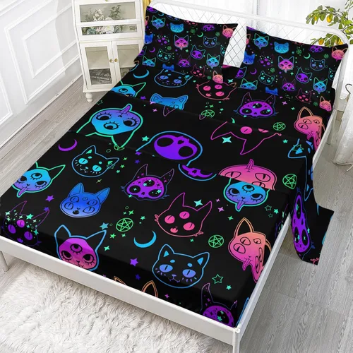 Miniatura 20 de Axolotl Juego de sábanas de gato negro de dibujos animados tamaño full, diseño de estrellas y luna impreso, ropa de cama para niños para decoración