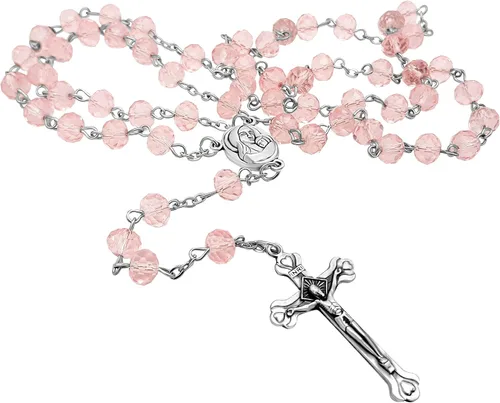 Nazareth Store Rosa claro Cuentas de cristal Rosario Collar católico Medalla del Suelo Santo y Crucifijo Marca Bolsa de terciopelo