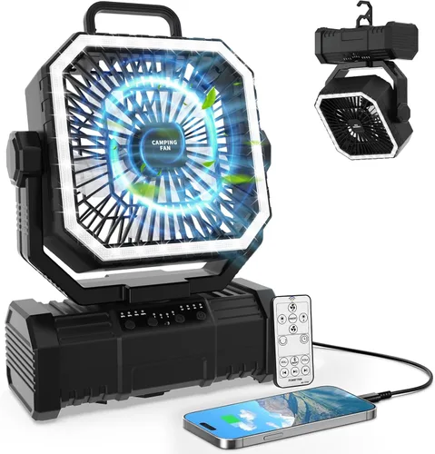 Super RGB Ventiladores de camping portátiles de 20000 mAh, ventilador oscilante recargable con 4 velocidades, luces LED y gancho de rotación de 360°