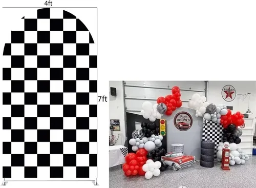 Miniatura 5 de Fundas de fondo de arco con textura de cuadros blancos y negros, bandera a cuadros de 2.5 x 6 pies, fondo de pared elástico para fotografía