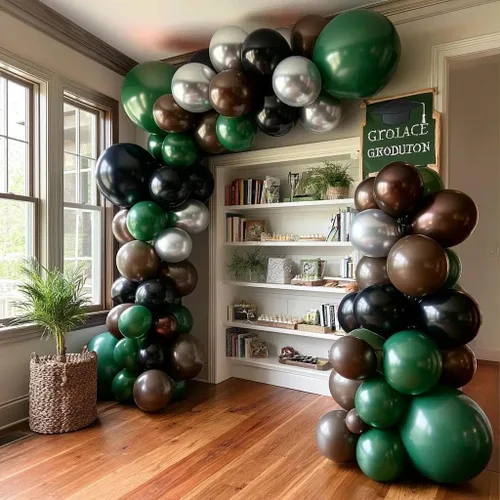 Miniatura 7 de Arco de globos de látex negro y verde, guirnalda de globos de látex de doble relleno, color verde oscuro, marrón, plateado, para camuflaje