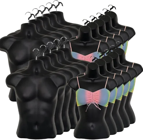 Miniatura 10 de Maniquí negro para hombre + mujer negra, forma de inyección, cintura media redondeada, cuerpo torso, forma de vestido con ganchos para colgar