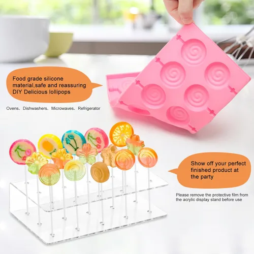 Miniatura 3 de Kit de 304 moldes de silicona para piruletas, moldes de caramelo rosa con 15 agujeros, soporte acrílico, palitos de 100P, bolsas, corbatas