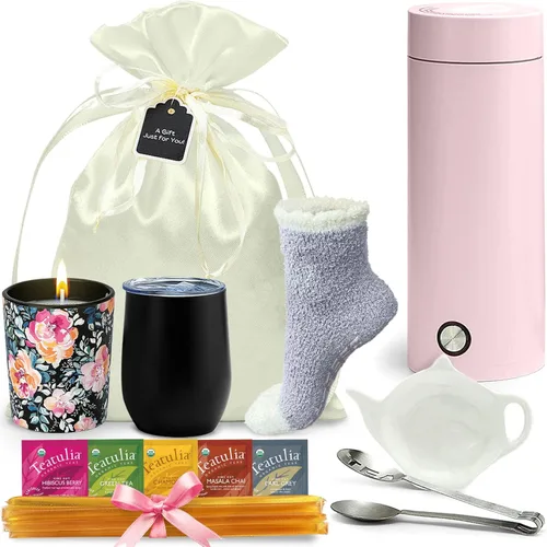 Cesta de regalo de té para mujer con hervidor portátil y calcetines Grippie | Set de regalo de cumpleaños para ella, mamá, esposa, compañera de
