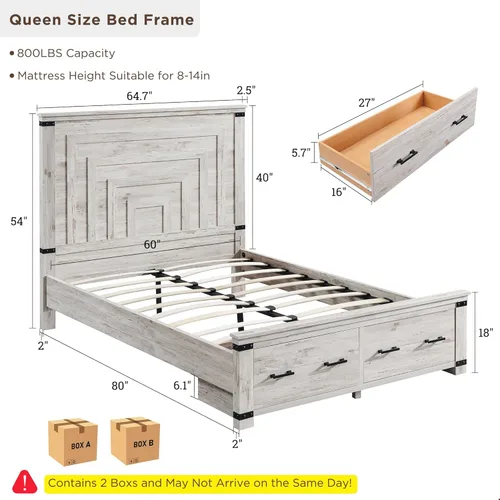 Miniatura 2 de RedLemon - Marco de cama de estilo granja Queen con cabecera geométrica de 137 cm de altura, cama de plataforma de madera rústica con 2 cajones