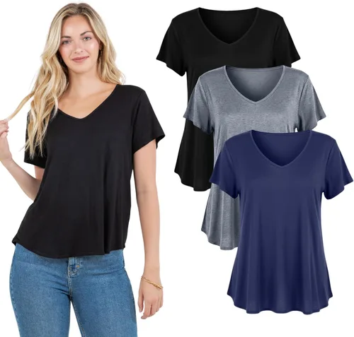 Miniatura 6 de Azules Camiseta de manga corta con cuello en V para mujer, suave, elástica, holgada, casual, transpirable, talla grande, cuello en V