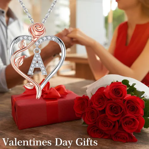 Miniatura 8 de Iefil Collares de corazón de rosa, regalos para mujer, plata de ley 925, collar con dije de letra de corazón rosa, joyería, día de la madre, San