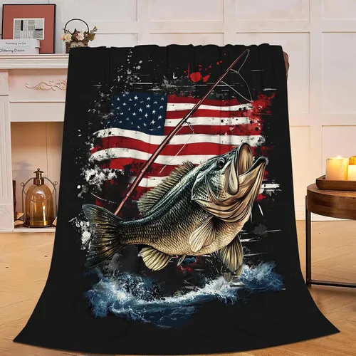 Miniatura 2 de Manta de pesca con bandera estadounidense, manta suave, cálida, acogedora, mullida, de felpa, regalos para niñas y mujeres, ligera, franela