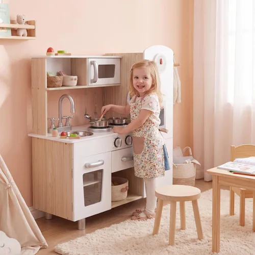 Miniatura 8 de MAMIZO Juego de cocina para niños, cocina preescolar, juguete de madera para niños pequeños con nevera, estufa, utensilios de cocina, teléfono