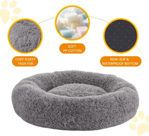 Miniatura 2 de Camas calmantes para perros grandes, cama para perros de dona acogedora de piel sintética, almohada redonda y esponjosa, cama lavable para perros