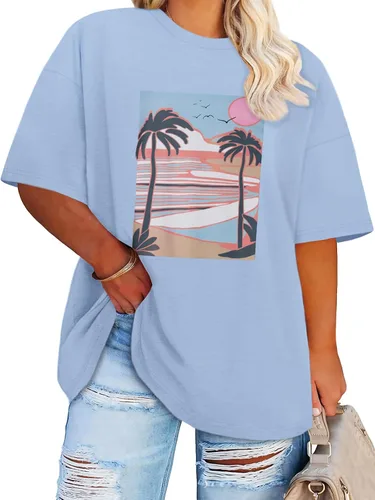 Miniatura 16 de Blusas de Talla Grande Casuales Camisetas Oversized para Mujeres Ajuste Holgado Cuello Redondo Blusas Camisetas Básicas de Verano Tees