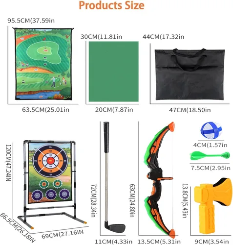 Miniatura 9 de Juego de astillado de golf, 5 en 1, portátil, juego de golf de doble cara con soporte, con bolas adhesivas, tiro con arco, hacha y dardo, juguetes
