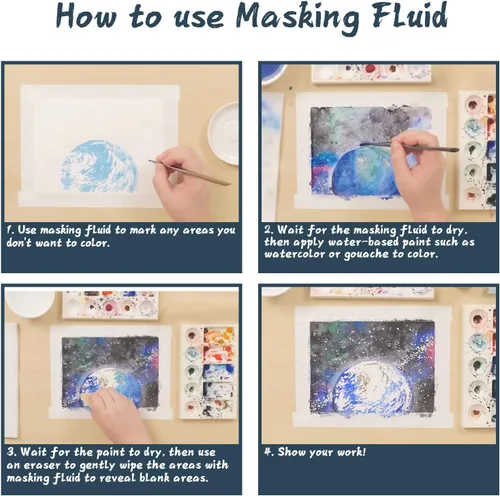 Miniatura 6 de Líquido de Enmascaramiento para Pintura de Acuarela - 60ml Blanco con Pincel y Borrador - Líquido de Enmascaramiento Artístico Fluido de Acuarela
