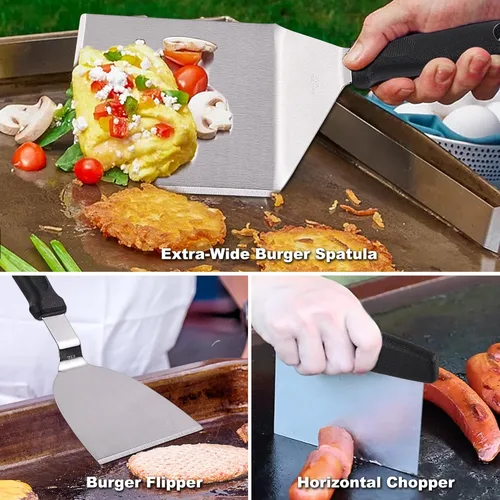 Miniatura 4 de ROMANTICIST - Juego de 29 piezas de accesorios para parrilla - Juego de espátulas Teppanyaki de parte superior plana con raspador, cubierta