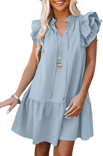 Dokotoo Vestido corto de verano para mujer con cuello en V, cordón y volantes, manga corta, bolsillos laterales, mini vestido de verano