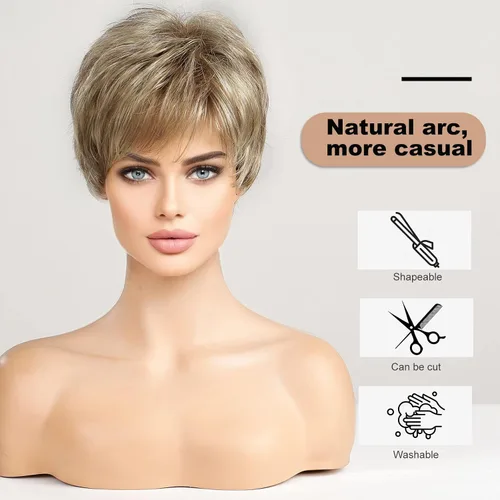 Miniatura 4 de HAIRCUBE Pelucas cortas de corte Pixie con textura de cabello humano para mujeres con flequillo pelucas sintéticas de repuesto - #17/101