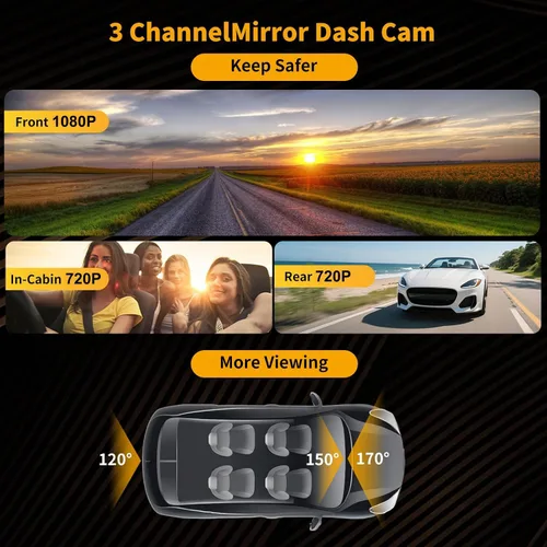 Miniatura 2 de Cámara de tablero WiFi de 3 canales de 9.66 pulgadas con cámara frontal y trasera, pantalla táctil IPS, triple cámara de espejo retrovisor