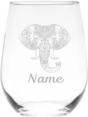 C M Copa de vino personalizada sin tallo de elefante con nombre, regalo temático de elefante personalizado para mujeres y hombres, vidrio