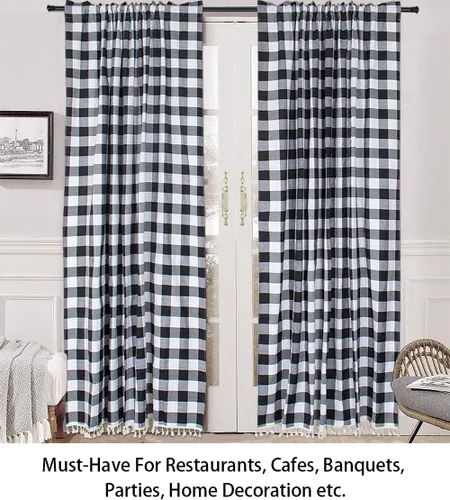 Miniatura 3 de ShinyBeauty Cortinas de cocina a cuadros negros de búfalo 2 paneles de cortinas opacas con borlas y bolsillo para barra, cortinas opacas de 63
