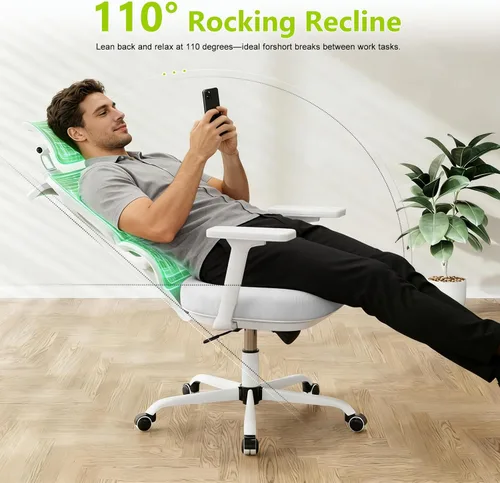 Miniatura 6 de Silla de oficina ergonómica de malla con soporte lumbar y reposacabezas, silla de computadora con respaldo alto con reposabrazos y bloqueo de Blanco