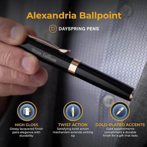 Miniatura 4 de Dayspring Pens Alexandria - Bolígrafo negro con borde dorado, barril grande, grabado dorado en la tapa, compatible con repuesto Parker G2, regalo