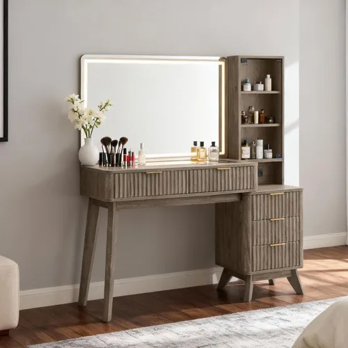 Miniatura 8 de RedLemon Escritorio de tocador acanalado de 48 pulgadas con espejo HD grande de 36 pulgadas y luces, mesa de maquillaje moderna de vidrio de madera