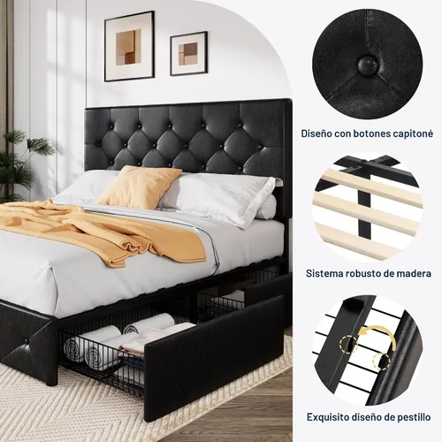 Miniatura 6 de Allewie Base de cama con plataforma tapizada tamaño Queen con 4 cajones de almacenamiento y cabecero, acolchado con botones de costura