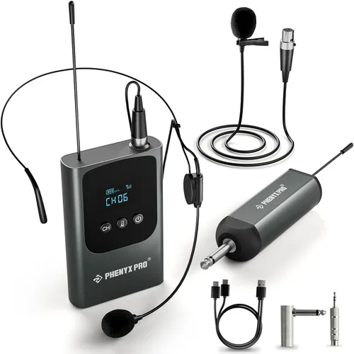 Phenyx Pro Sistema de micrófono inalámbrico digital único, con mini receptor, transmisor de bolsillo, 15 canales en banda UHF de 900 MHz, micrófono