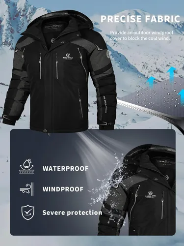 Miniatura 3 de EVIL WOLF Chaqueta de esquí impermeable para hombre, con capucha y cálida, con múltiples bolsillos, equipo esencial de invierno para esquí