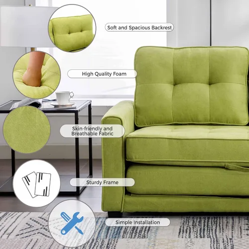 Miniatura 6 de Sofá cama convertible moderno con cama extraíble y dos bolsillos laterales, sofá biplaza de felpilla para sala de estar, apartamento, oficina (verde)