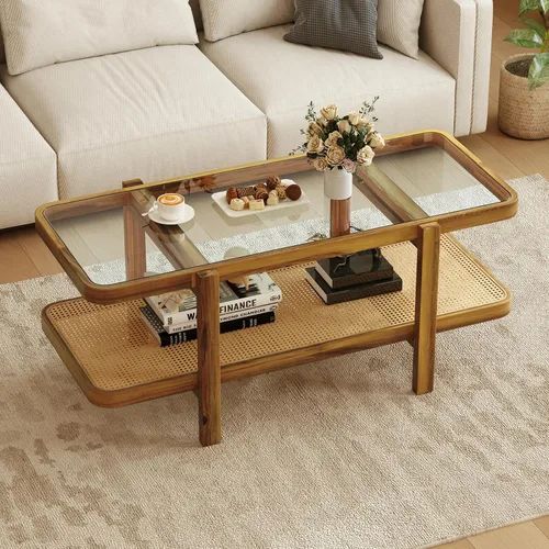 Miniatura 12 de Giantex Mesa de centro de ratán, mesa de té de madera ovalada de 2 niveles con mesa de vidrio templado y estante de almacenamiento de ratán de Negro