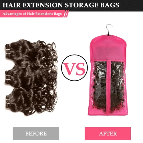 Miniatura 5 de VARIPOWDER 10 bolsas de almacenamiento para pelucas con colgador de extensiones de cabello para múltiples pelucas, bolsa de pelucas a prueba de Rosa