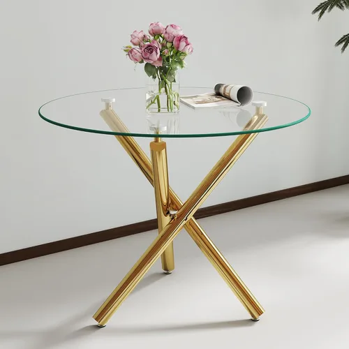 Miniatura 16 de Mesa de comedor redonda de 36 pulgadas para 4, mesa de comedor contemporánea de vidrio templado, mesa de comedor pequeña con base de metal de cruz