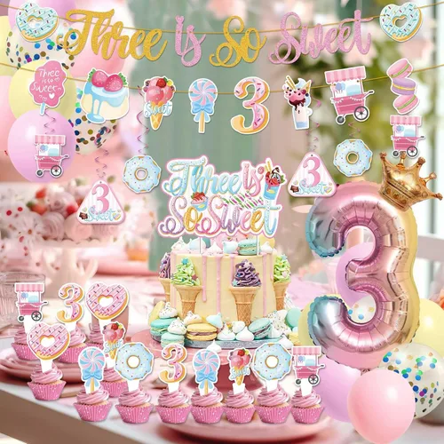 Miniatura 7 de JUYRLE Decoraciones de 3er Cumpleaños Feliz para Niñas - decoraciones de tercer cumpleaños rosa, decoración de fiesta de cumpleaños de helado