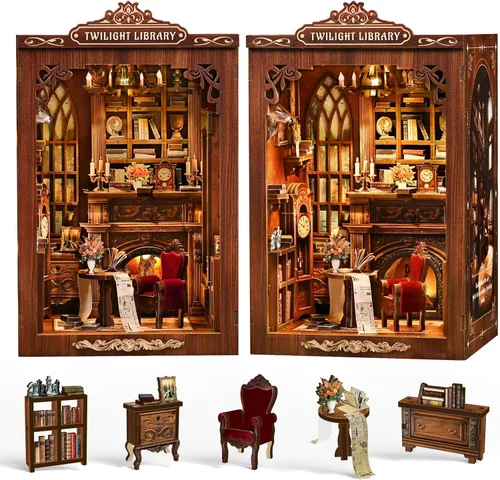 Soothee Kit de manualidades Rincón del libro con luces LED (Biblioteca del Crepúsculo) - Rompecabezas 3D para adultos y adolescentes, miniaturas y