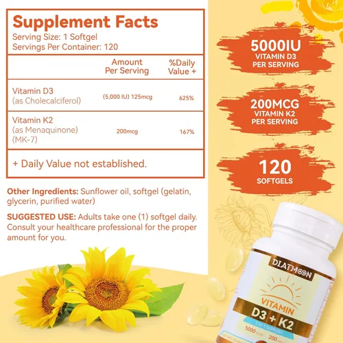 Miniatura 3 de Cápsulas blandas de suplemento de vitamina D3 K2, vitamina D3 5000 UI y vitamina K2 MK7 200 mcg, soporte para huesos y dientes, fácil de tragar, 120