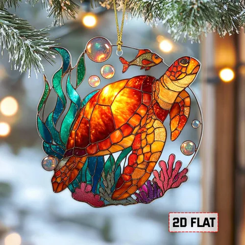 Miniatura 2 de Adorno Colgante Plano 2D de Vidrio Manchado Falso de Tortuga de Acrílico, Adorno de Tortuga Marina, Adornos de Tortuga para Árbol de Navidad, Regalo