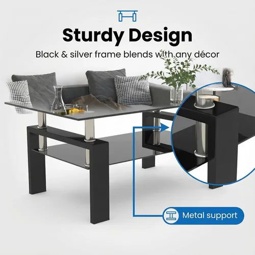Miniatura 5 de Mesa de centro de vidrio rectangular Meihua de 2 niveles, mesa de té moderna, mesa auxiliar de café para sala de estar (todo negro)
