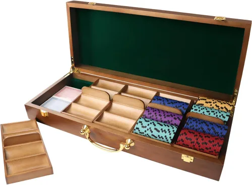 Miniatura 9 de GSE Games & Sports Expert Estuche de madera para fichas de póquer con 5 bandejas de fichas, capacidad para 500 fichas, soporte de fichas de grado