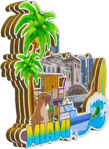 Miniatura 2 de Imán de madera para nevera de Miami Florida USA Monumentos 3D de viaje coleccionables, recuerdos decorativos hechos a mano -2646