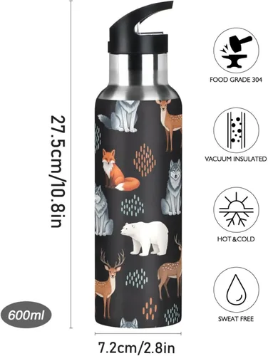 Miniatura 9 de Insulated Stainless Steel Water Bottle with Straw 20 Oz, BPA-Free Sport Water Bottle Insulated for Gym Outdoor Travel School, Cute Animals Fox Wolf