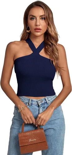 Miniatura 6 de Umenlele Camiseta corta sin mangas con cuello halter cruzado para mujer
