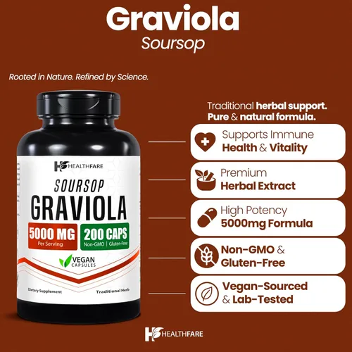 Miniatura 2 de Healthfare Graviola - Extracto de guanábana de 5000 mg Annona Muricata 200 cápsulas veganas Mezcla de hojas y frutas de alta potencia Sin