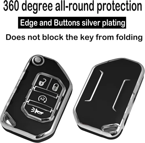 Miniatura 3 de Kirsnda Funda para llavero Jeep, funda con llavero, TPU suave que protege la carcasa de la llave del automóvil, compatible con Wrangler JL JLU Negro