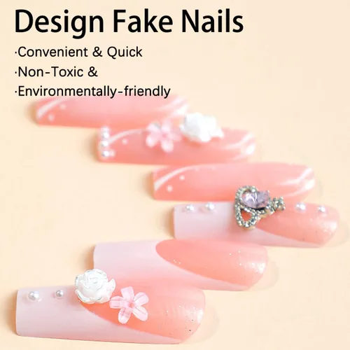 Miniatura 3 de LPOODDNU 24 uñas postizas largas cuadradas a presión, uñas postizas francesas, uñas acrílicas de color rosa brillante, cobertura completa, perlas