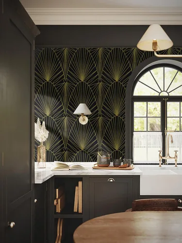 Miniatura 7 de Yasinet Papel tapiz geométrico para despegar y pegar, papel de pared negro y dorado para dormitorio, baño, papel de contacto geométrico Art Deco